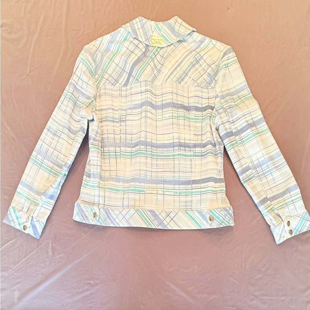 St John Cream/Teal/Blue Watercolor Plaid Gold Zip Jacket Size Large $425 - Picture 2 of 13